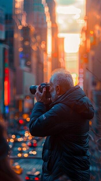 Elderly Man Capturing Photos in a Bustling City – Free Download