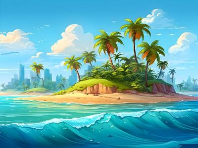 A Stunning Painting of Palm Trees and Ocean with Cityscape – Free to Download