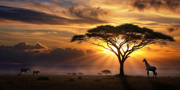 Stunning Panorama Silhouette of Safari and Tree in Africa at Sunset – Free Download