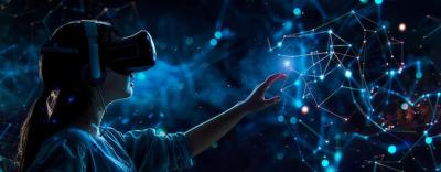 A Young Woman Immersed in a Vibrant Virtual World with VR Headset – Free Download