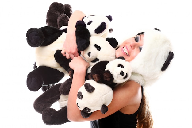 Adorable Woman Surrounded by Stuffed Pandas – Free to Download