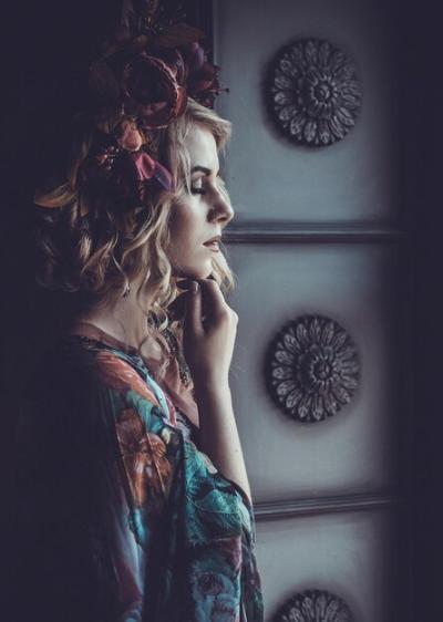 Beautiful Woman in a Floral Dress with a Flower Wreath in a Palace – Free Stock Photo Download