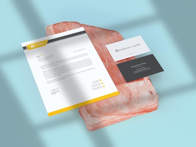 Yellow Minimal Letterhead and Business Card Mockup: Free Download