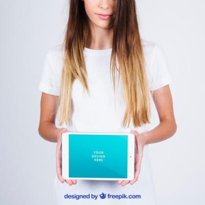 Woman Presenting Tablet Mockup – Free Download, Free Stock Photo