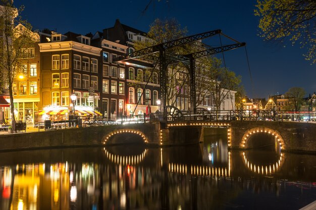 Night Landscape of Amsterdam’s Houses and Canal – Free Download