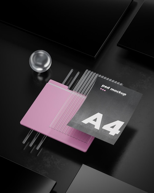 Pink A4 Folder and Black Paper Stationery Mockup on Isometric Black Background – Free Download