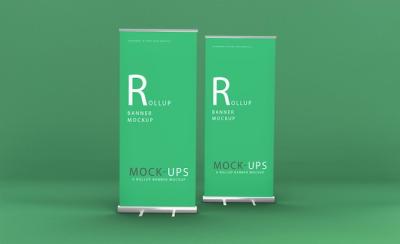 Realistic Roll Up and Banner Mockup Design with Green Background – Free Download