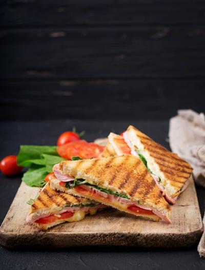 Delicious Club Sandwich Panini with Ham, Tomato, Cheese, and Basil – Free to Download