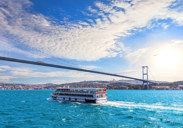 Beautiful View of a Ship Sailing Near the Bosphorus Bridge in Modern Istanbul – Free Download