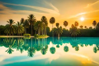 A Serene Lake Sunset with Palm Trees – Free Download