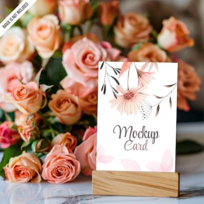 A Card on a Wooden Stand Surrounded by Rose Flowers – Free Download