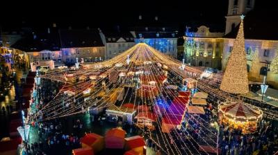 Top Aerial View of Christmas Fair in Sibiu, Romania – Free Download