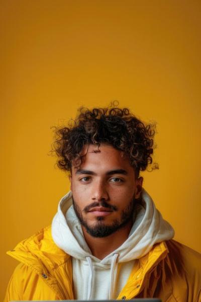 A Man in a Yellow Jacket and White Hoodie with Curly Hair and Beard – Free Stock Photo for Download