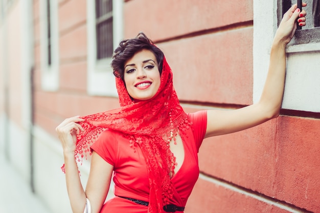 Elegant Woman in a Red Dress and Kerchief – Free Stock Photo, Download Free