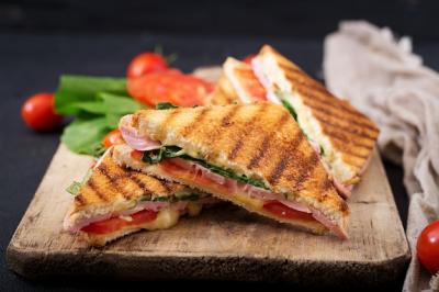 Delicious Club Sandwich Panini with Ham, Tomato, Cheese and Basil – Free Download