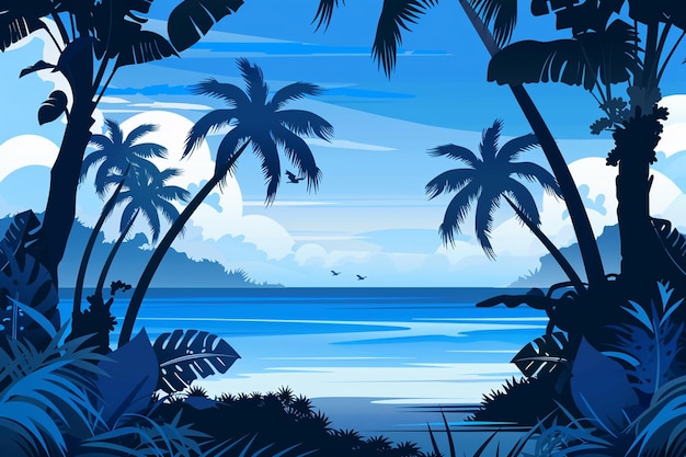 Cartoon Beach Scene with Silhouettes of Coconut Trees – Free Download