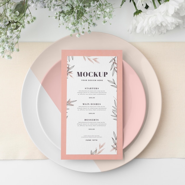 Table Arrangement with Spring Menu Mock-Up and Blooming Flowers – Free Download