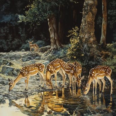 A Group of Deer Drinking at the Edge of a Spring – Free Download