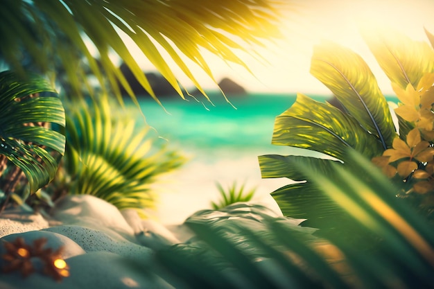 SunKissed Tropical Haven: Lush Palm Leaves and Sunlit Bokeh Waves on a Pristine Beach – Free Stock Photo for Download