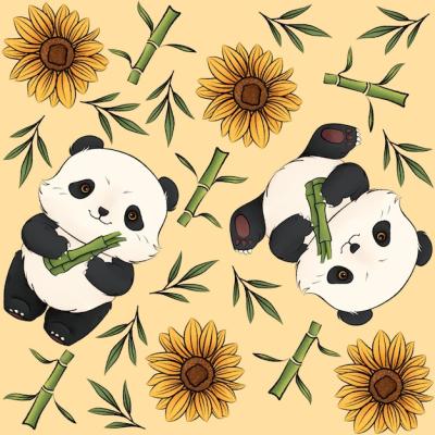 Animal Pattern Panda Illustration with Bamboo and Leaves on Soft Yellow Background – Free Download