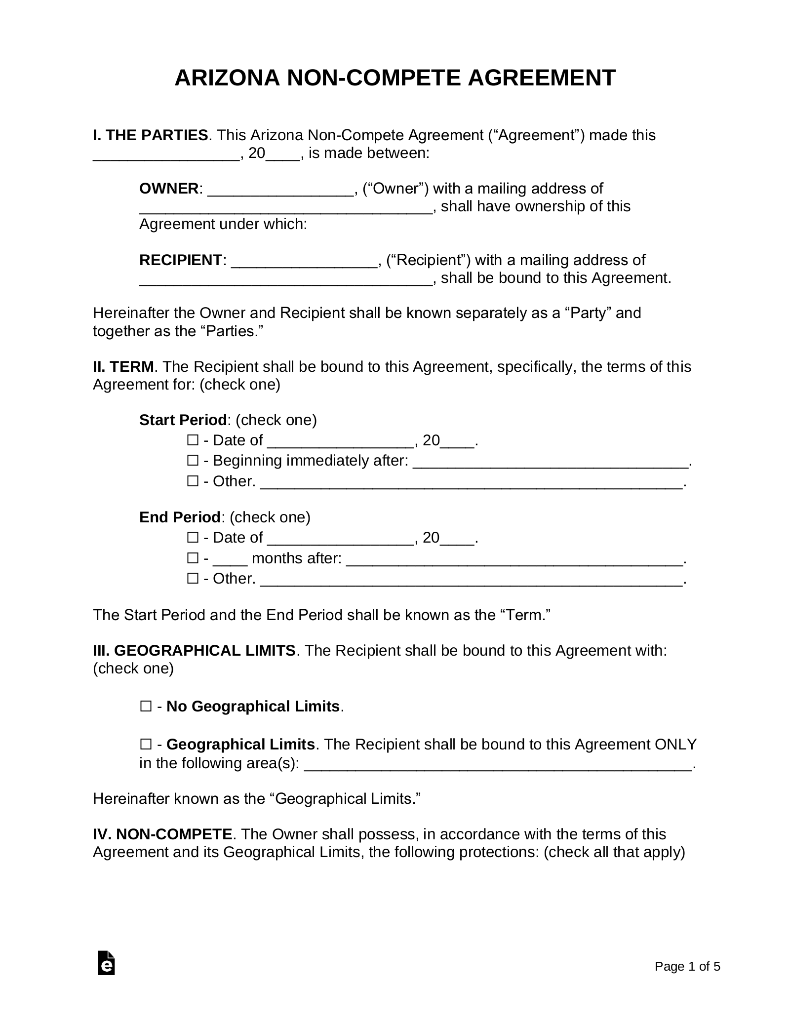 Free Arizona NonCompete Agreement Template PDF Word eForms