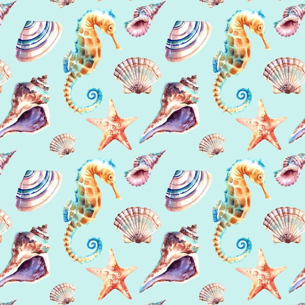 Seamless Pattern of Marine Animals: Watercolor Seashells, Seahorse, and Starfish Collage – Free Download