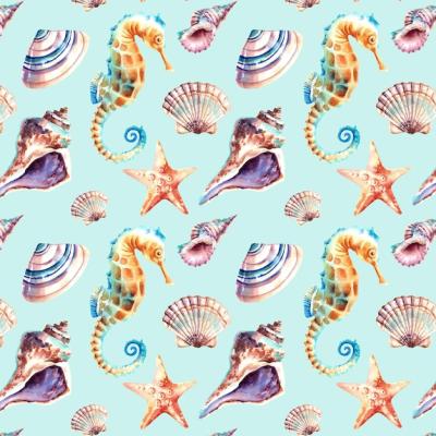 Seamless Pattern of Marine Animals: Watercolor Seashells, Seahorse, and Starfish Collage – Free Download