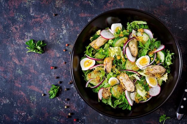 Healthy Seafood Salad with Mussels, Quail Eggs, Cucumber, Radish, and Lettuce – Free Stock Photo, Download Free