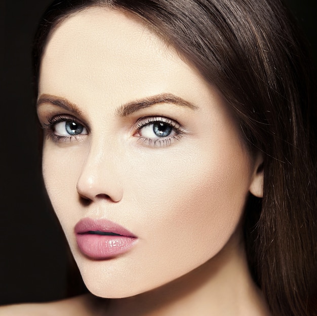 Glamorous Close-Up Beauty Portrait of a Young Caucasian Woman with Nude Makeup and Colorful Pink Lips – Free Download