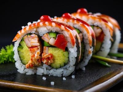 Snow Crab Sushi Mami Roll on Black Background – Free Download