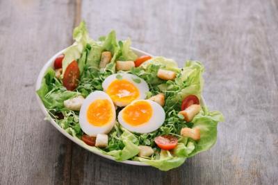 Nutritious Vegetable Salad with Boiled Egg Slices on a White Plate – Free Download