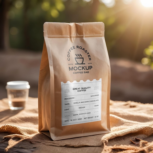 Coffee Bag Mockup Featuring Beans and a Nature Background – Download Free Stock Photo