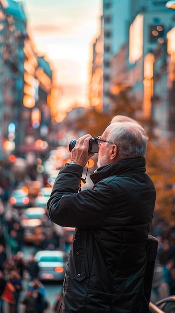 Elderly Man Capturing Photos in a Bustling City – Free Download