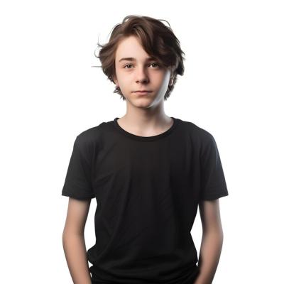 Teenage Boy Portrait in Black T-Shirt on White Background – Free Download