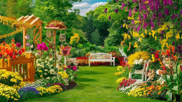 A Serene Garden Featuring a Bench, Flowers, and a Gazebo – Free Download