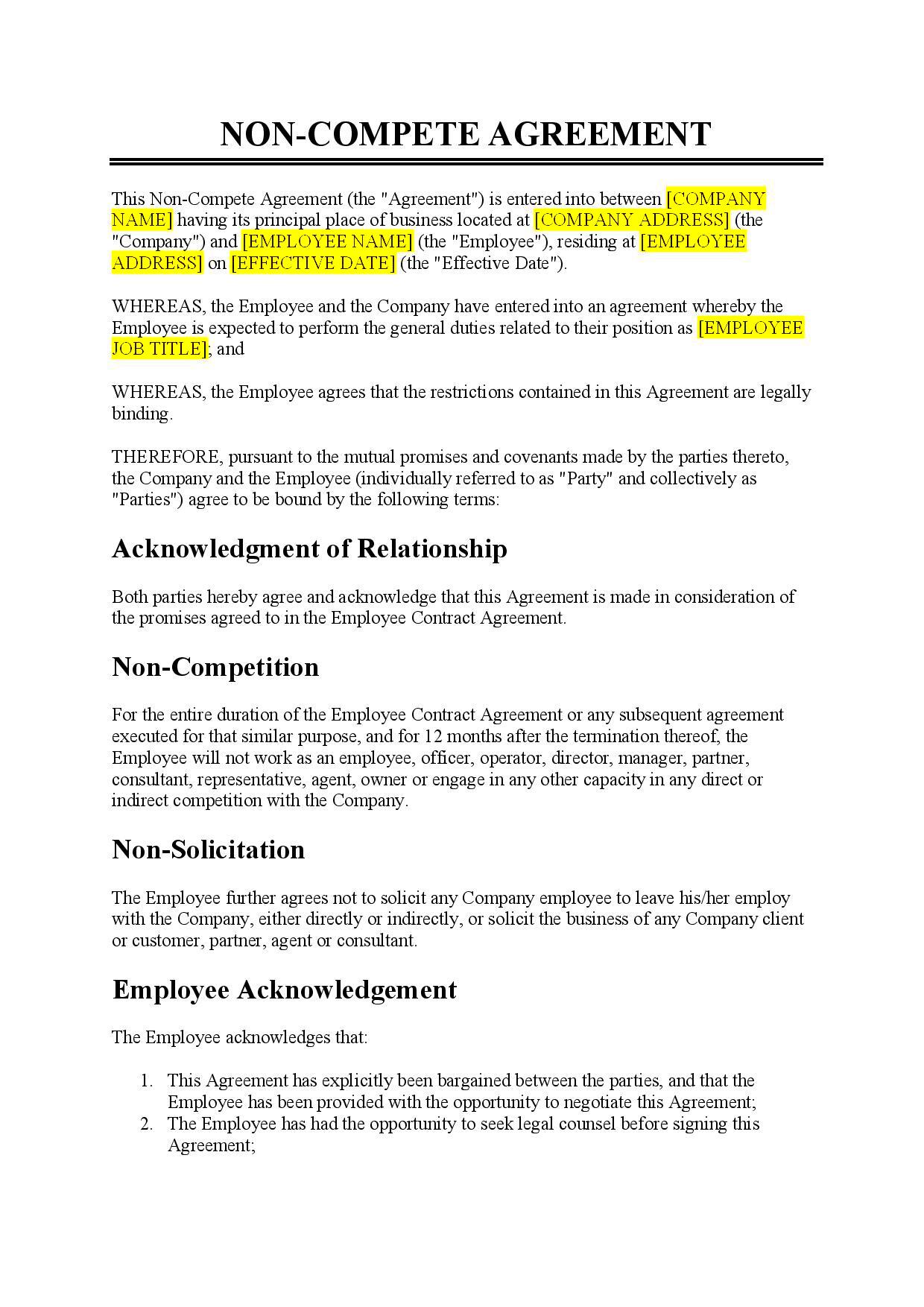 Business Templates Noncompete Agreement