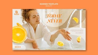 Banner Template for Home Spa Skincare Featuring Woman and Orange Slices – Free Download