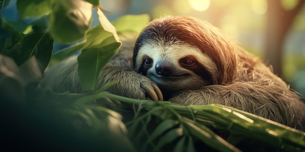 Serene Sloth Resting Peacefully Among Green Leaves – Free Download