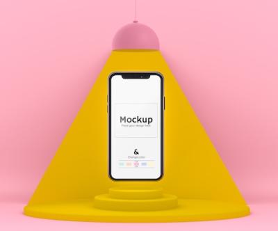 3D Pink and Yellow Environment Featuring a Lamp Illuminating a Cell Phone on Stage – Free Download