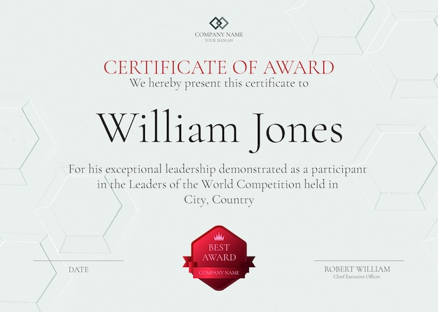 Professional Award Certificate Template PSD in White Abstract Design – Free Download