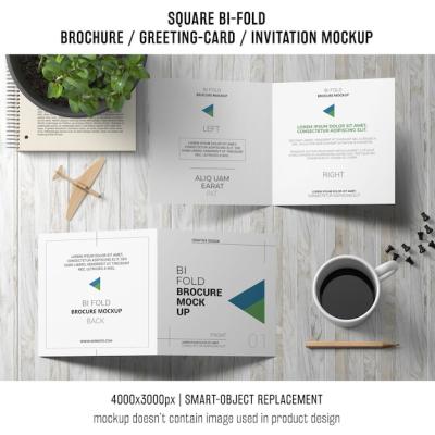 Square Bi-Fold Brochure or Greeting Card Mockup on Wooden Tabletop – Free Download