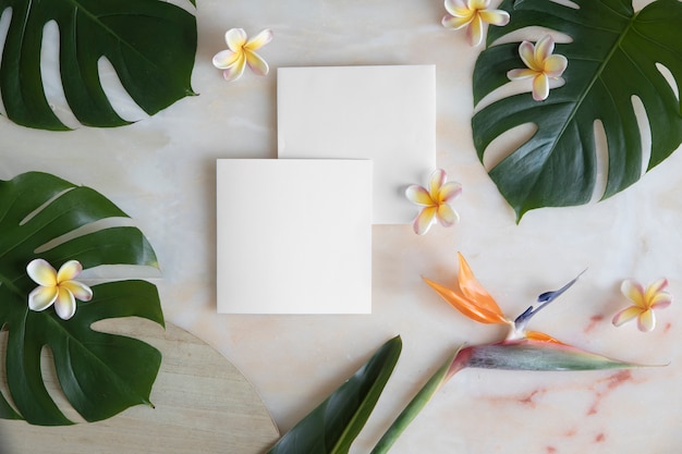 Empty Card and Envelope on Marble Table Surrounded by Tropical Flowers – Free Download