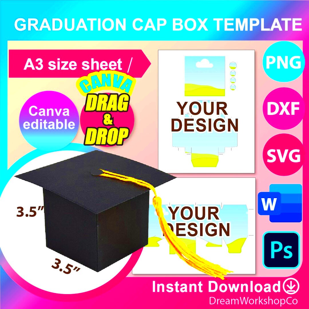 Graduation Cap Box Template Canva PSD SVG DXF Png Ms Word A3 