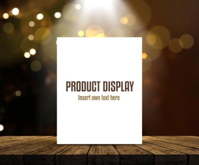 Editable Product Display Background with Blank Picture on a Wooden Table Against Bokeh Lights – Free Download