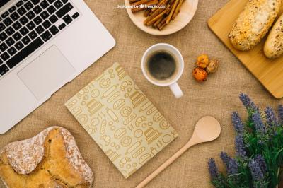 Book Cover Composition Featuring Breakfast and Laptop – Free Download