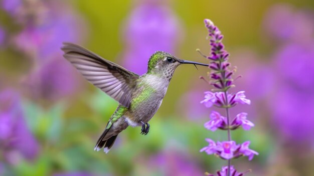 Iridescent Hummingbirds with Green Feathers and Purple Flowers – Free Stock Photo for Download