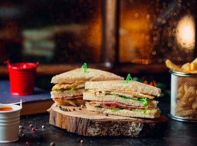 Delicious Club Sandwich with Ham, Lettuce, Tomato, Cheese, and Fries – Free Download