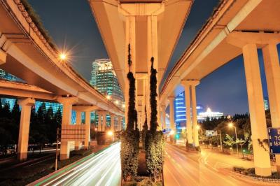 Highway Bridge in Shanghai at Night with Busy Traffic – Free Download