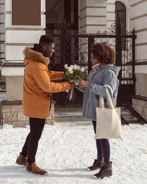 Full Shot of a Woman Receiving Flowers – Free Download