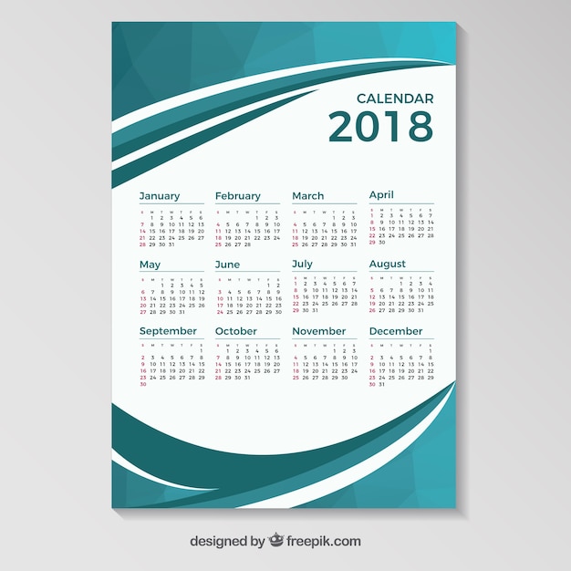 2018 Calendar Template Featuring Blue Wavy Shapes – Download Free Stock Photo